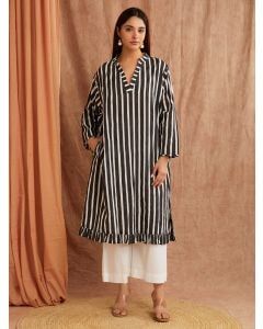 Black White Striped Hand Block Printed Cotton Kurta with Pants- Set of 2