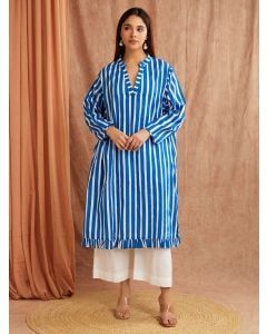 Blue White Striped Hand Block Printed Cotton Kurta with Pants- Set of 2