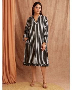 Black White Striped Hand Block Printed Cotton Dress