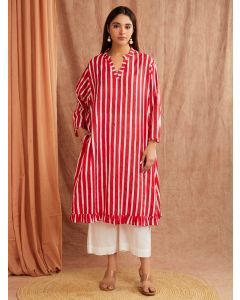 Red White Striped Hand Block Printed Cotton Kurta with Pants- Set of 2