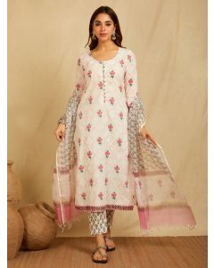 White Pink Hand Block Printed Cotton Suit - Set of 3