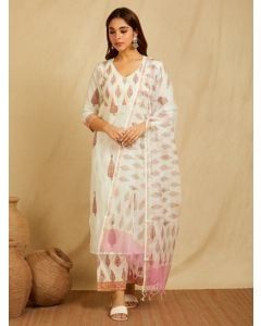 White Pink Hand Block Printed Cotton Suit - Set of 3