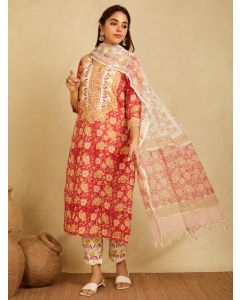 Red Cream Hand Block Printed Cotton Suit - Set of 3