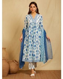 White Blue Hand Block Printed Cotton Suit - Set of 3