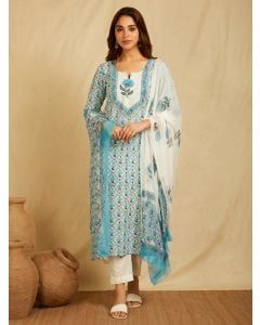 Turquoise Hand Block Printed Cotton Suit - Set of 3