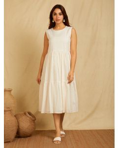 White Woven Cotton Dobby Tiered Dress