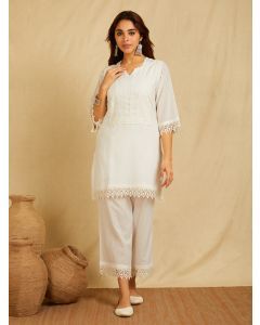 White Lace Work Cotton Dobby Kurta