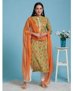 Green Orange Printed Cotton Kurta with White Pants and Chiffon Dupatta - Set of 3