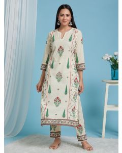 Off White Green Hand Block Printed Cotton Kurta with Pants - Set of 2