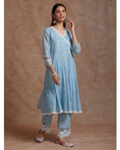 Blue Cotton Lurex Kurta with Pants- Set of 2