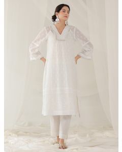 White Printed Cotton Kurta with Slip and Pants- Set of 2