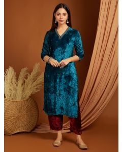 Teal Blue Embroidered Velvet Kurta with Pants- Set of 2