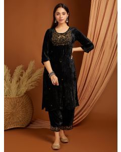 Black Embroidered Velvet Kurta