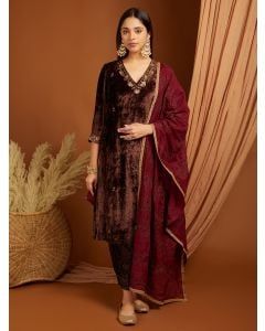 Brown Embroidered Velvet Suit- Set of 3