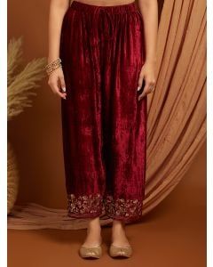 Wine Embroidered Velvet Pants