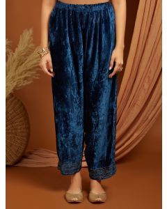 Navy Blue Embroidered Velvet Pants