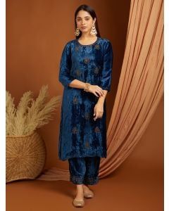 Navy Blue Embroidered Velvet Kurta