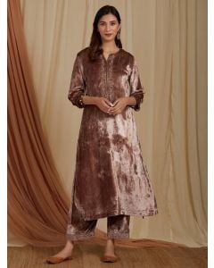 Old Rose Zardozi Hand Embroidered Velvet A-Line Kurta