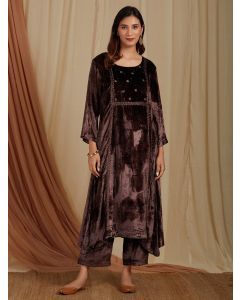 Brown Zardozi Hand Embroidered Velvet A-Line Kurta