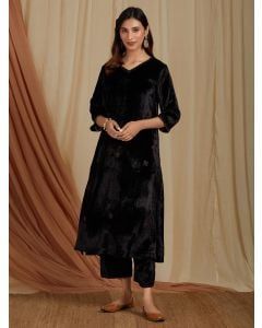 Black Zardozi Hand Embroidered Velvet A-Line Kurta