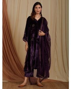 Purple Zardozi Hand Embroidered Velvet A-Line Suit with Organza Dupatta - Set of 3