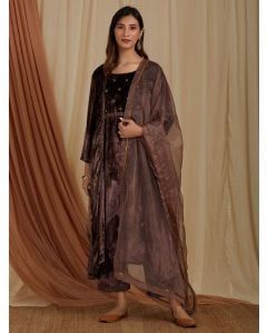 Brown Zardozi Hand Embroidered Velvet A-Line Suit with Organza Dupatta - Set of 3