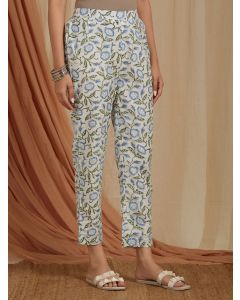 Off White Blue Hand Block Printed Cotton Pants