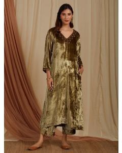 Olive Green Zardozi Hand Embroidered Velvet A-Line Kurta