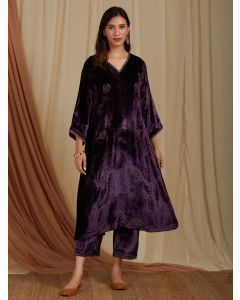 Purple Zardozi Hand Embroidered Velvet A-Line Kurta