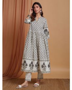 Grey Hand Block Printed Cotton Anarkali Kurta with Pants- Set of 2