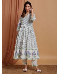 Blue Hand Block Printed Cotton Anarkali Kurta with Pants- Set of 2