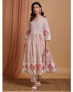 Peach Hand Block Printed Cotton Anarkali Kurta with Pants- Set of 2