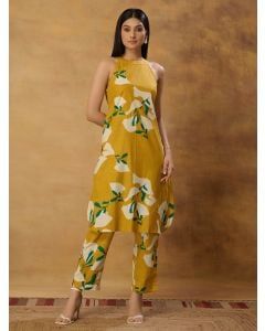 Mustard Yellow Hand Block Printed Cotton Kurta with Pants- Set of 2