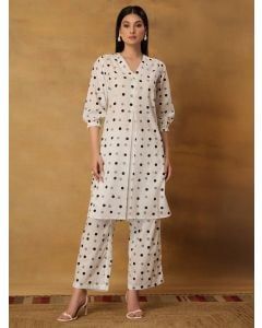 White Polka Dot Hand Block Printed Kurta with Pants- Set of 2