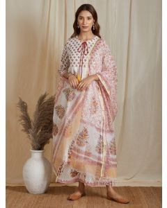 White Red Hand Block Printed Kota Doria Dupatta