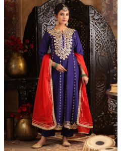 Navy Blue Gota Work Dupion Silk Suit- Set of 3