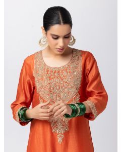 Rust Embroidered Chanderi Silk Kurta with Pants- Set of 2