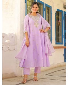 Lilac Gota Patti Embroidered Cotton Mulmul Suit- Set of 3
