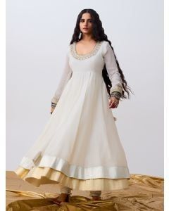Off White Hand Embroidered Chanderi Mul Kurta with Churidaar- Set of 2