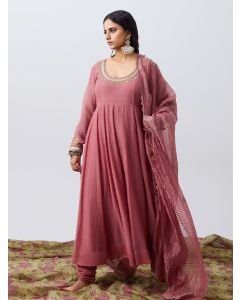 Pink Hand Embroidered Chanderi Mul Kurta with Churidaar- Set of 2