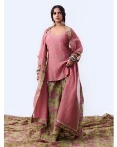 Pink Hand Embroidered Chanderi Mul Kurta with Sharara- Set of 2