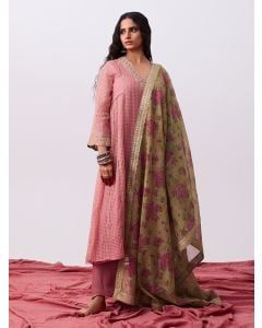 Pink Hand Embroidered Silk Kurta with Pants- Set of 2