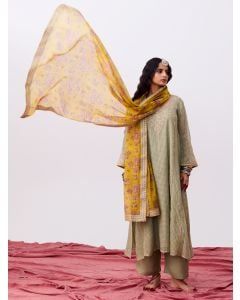 Sage Green Hand Embroidered Silk Kurta with Pants- Set of 2