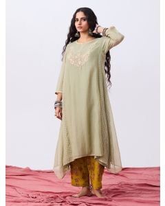 Sage Green Hand Embroidered Chanderi Mul Kurta with Pants- Set of 2