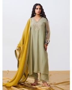 Sage Green Hand Embroidered Chanderi Mul Kurta with Pants- Set of 2