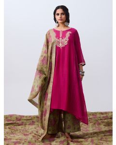 Pink Hand Embroidered Chanderi Mul Kurta with Pants- Set of 2