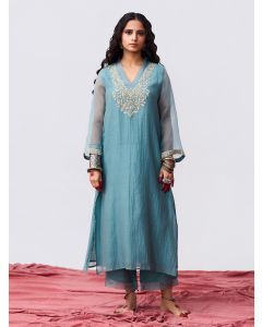 Aqua Blue Hand Embroidered Chanderi Mul Kurta with Pants- Set of 2