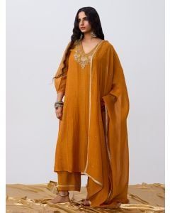Orange Hand Embroidered Chanderi Mul Kurta with Pants- Set of 2