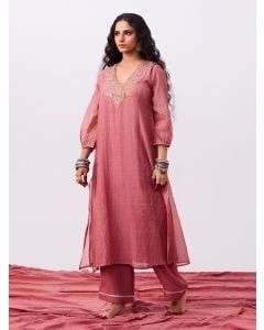 Pink Hand Embroidered Chanderi Mul Kurta with Pants- Set of 2