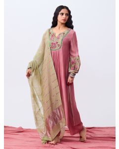 Pink Hand Embroidered Chanderi Mul Kurta